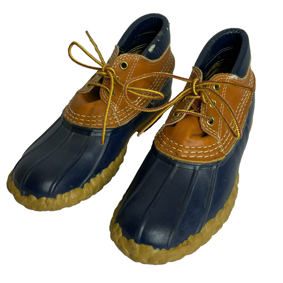 Women's 6 L.L.Bean Vtg Navy Blue Rubber Leather Trim Lace-Up Outdoors Duck Boots - Picture 1 of 10